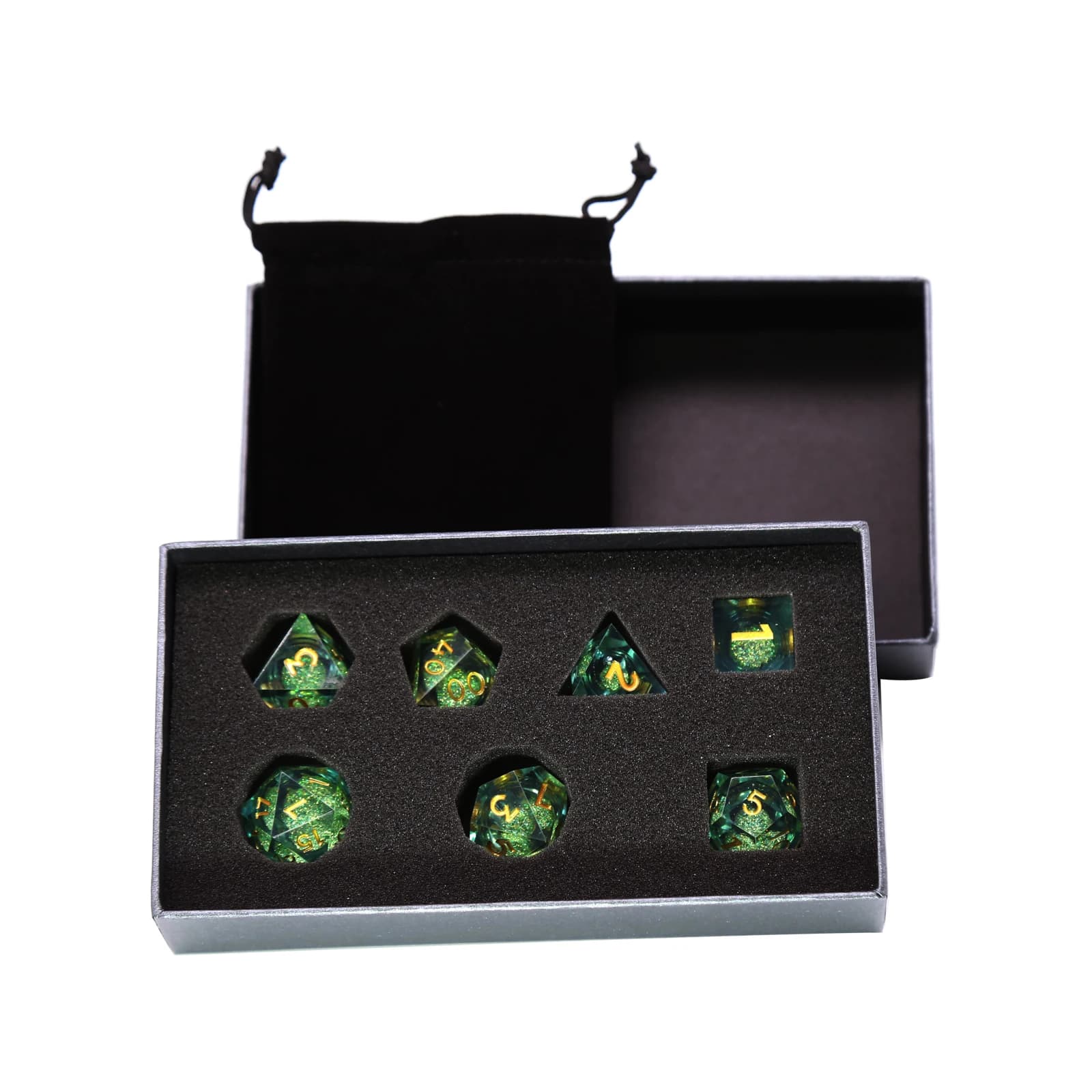 7 pezzi verde dorato rapido sabbia resina DND set di dadi con bordo affilato per Dungeon e Dragon RPG gioco da tavolo giochi di ruolo dadi D&D D4 D6 ~ D20