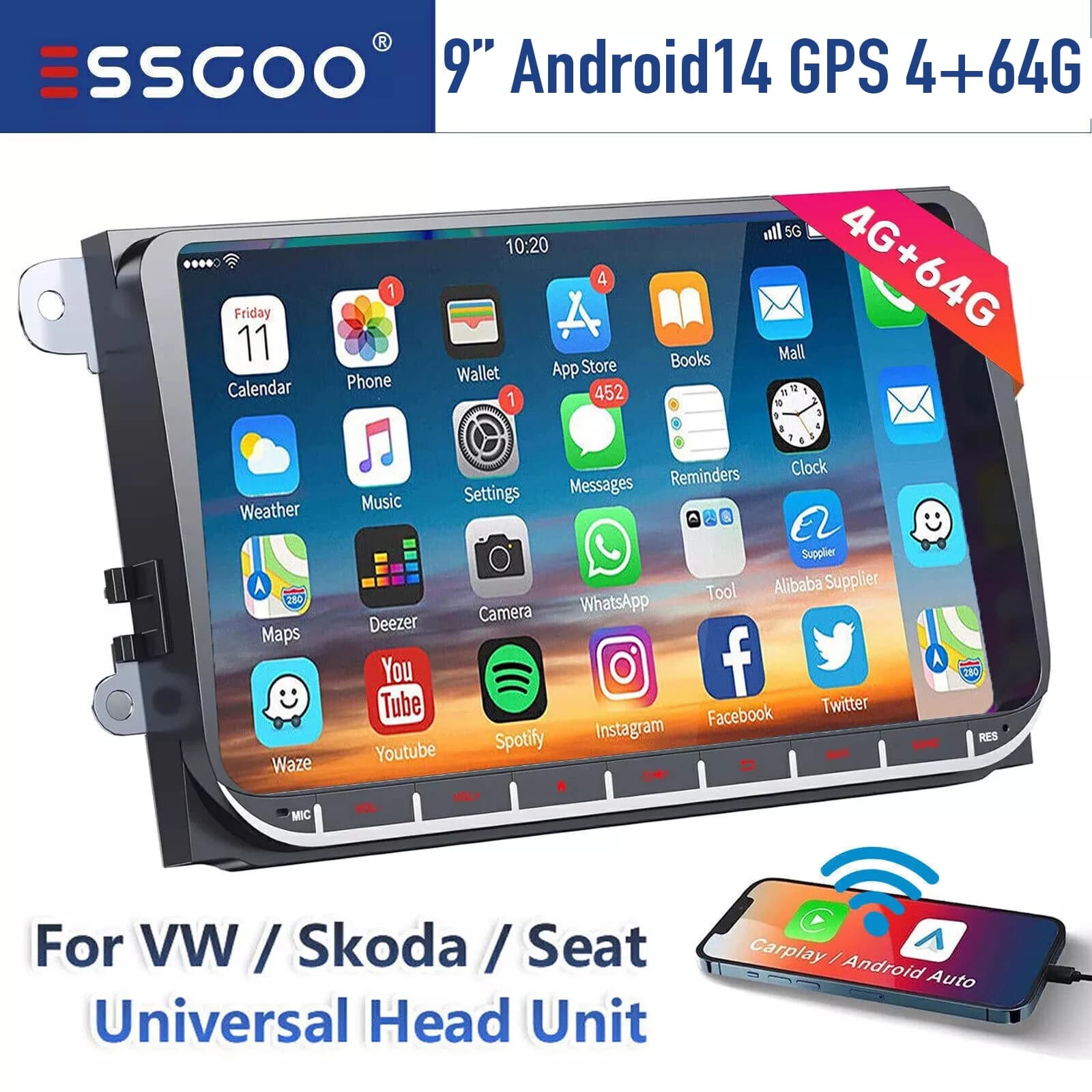 9 "Android 14 4G + 64G Per VW Golf MK5 MK6 Passat Polo Touran Tiguan Caddy Auto Stereo WIFI Apple Carplay GPS FM Radio BT + DVR e AHD