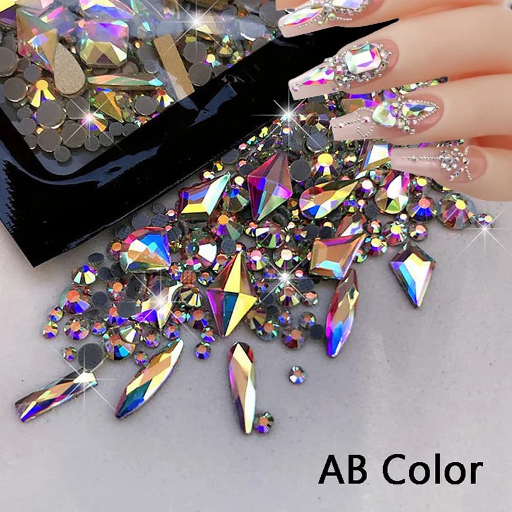 150 pezzi AB/strass per nail art in vetro rotondo trasparente + 20 pezzi di ciondoli con diamanti flatback in oro/rosso a forma strana decorazione per manicure Y2K lucida
