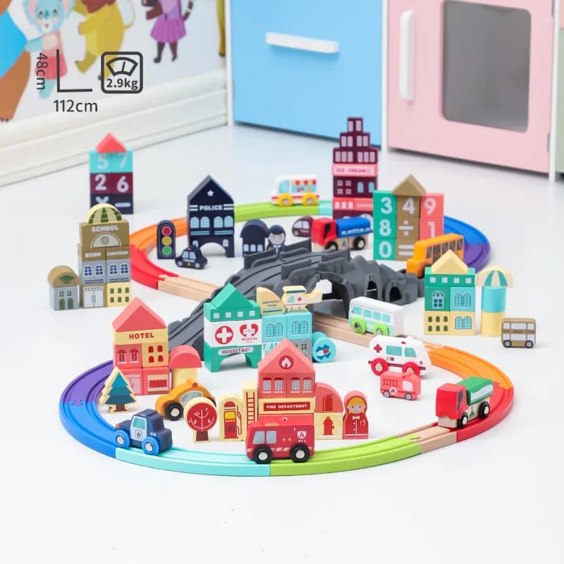 Blocchi di Costruzione in Legno Stile Città con Grotta Jingshan, Set Trenino Colorato con Binari, Giocattoli per Bambini, XT136
