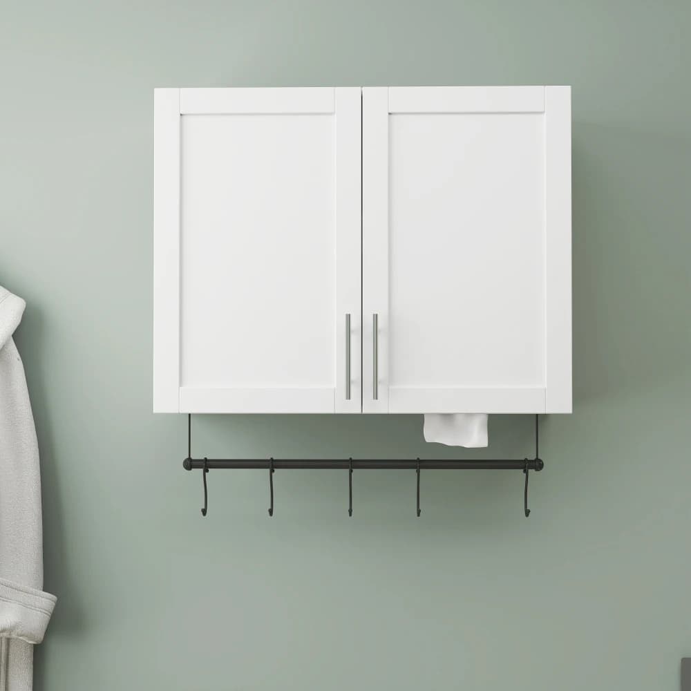 Pensile per bagno con ripiano regolabile, portasciugamani, 5 ganci, armadietto sopra il WC per bagno, cucina, bianco
