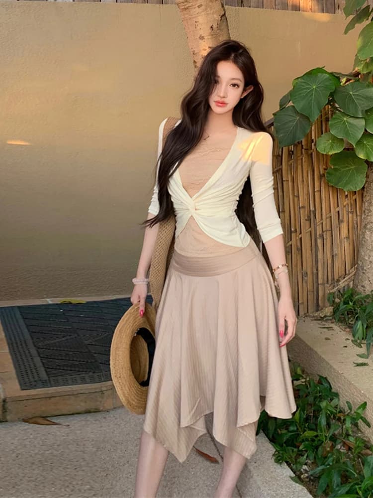 Elegante Set con Top a Maniche Lunghe in Pizzo e Gonna Asimmetrica Modellante, Abbigliamento Casual alla Moda a Vita Alta in Tinta Unita