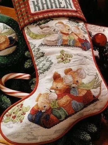 Piccoli animali che sci con calze natalizie Kit cucito Set punto croce Kit fai da te Set ricamo punto croce Kit punto