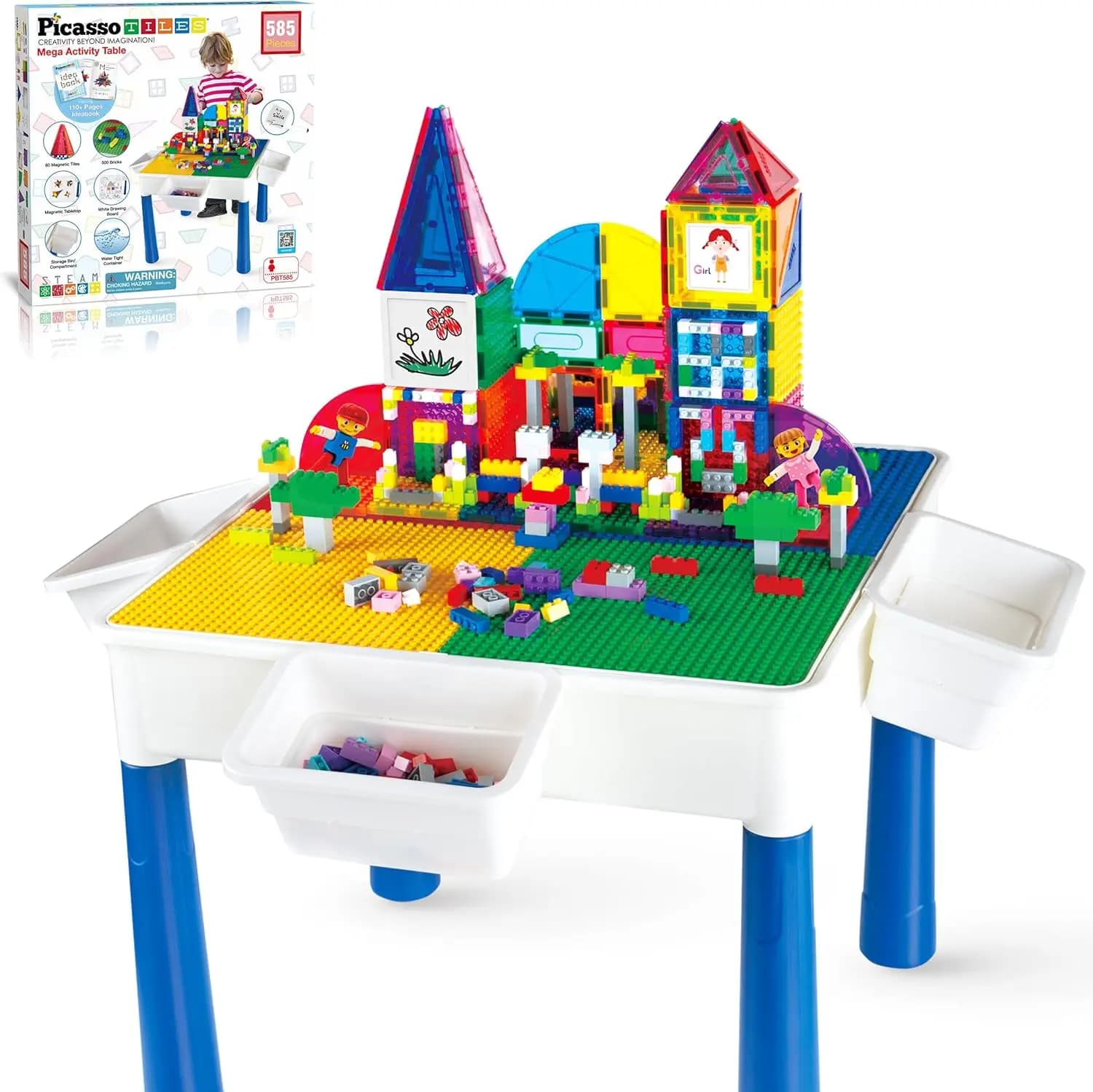 Tavolo da attività per bambini da 585 pezzi con piastrelle magnetiche e stelo in mattoni giochi di imitazione apprendimento con lavagna reversibile in mattoni da tavolo St