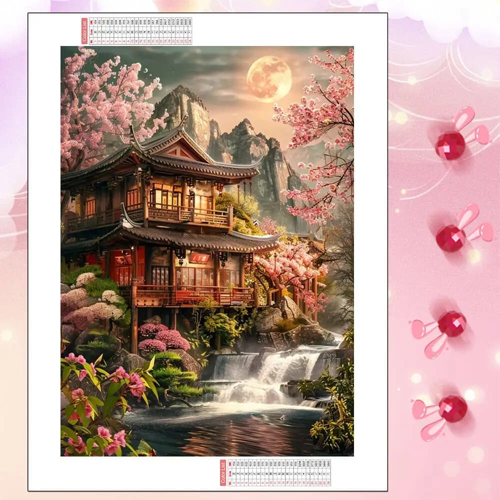 HUACAN Diamond Mosaic Arts House Waterfall Landscape Full Square Round Diamond Painting Kits Home Bedroom Wall Artwork