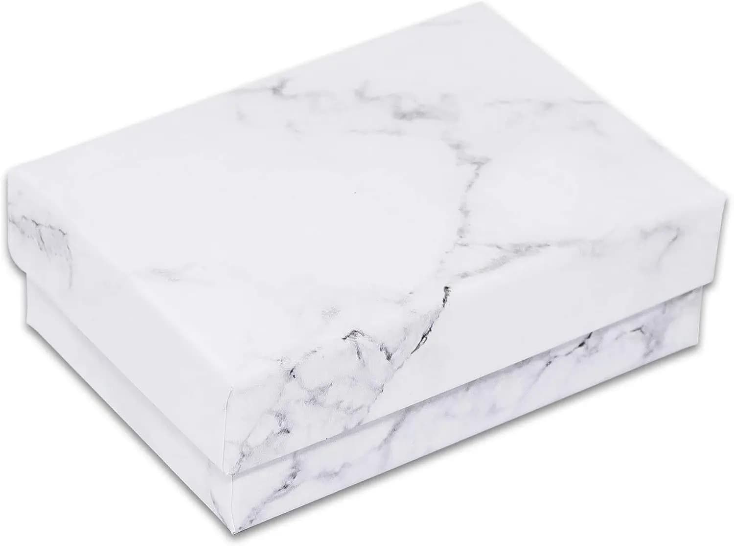Pack of 100 cardboard jewelry boxes filled with cotton, gift box - White marble (3,3" x 2.3" x 1.0") for storage and shipping
