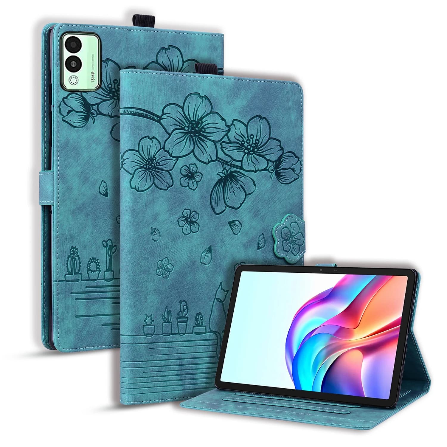 For TECNO Megapad 11 Case Card Slots Leather Tablet Stand Folio Cover Flower Cat - Green