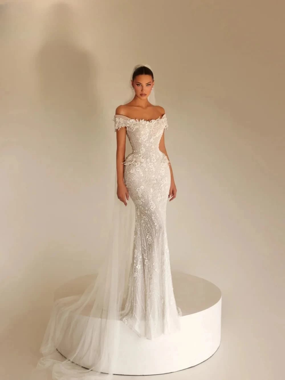 Customized Off Shoulder Mermaid Bridal Gown Beaded Corset Bodice Floor Length Flowy Tulle Skirt Wedding Reception Dress