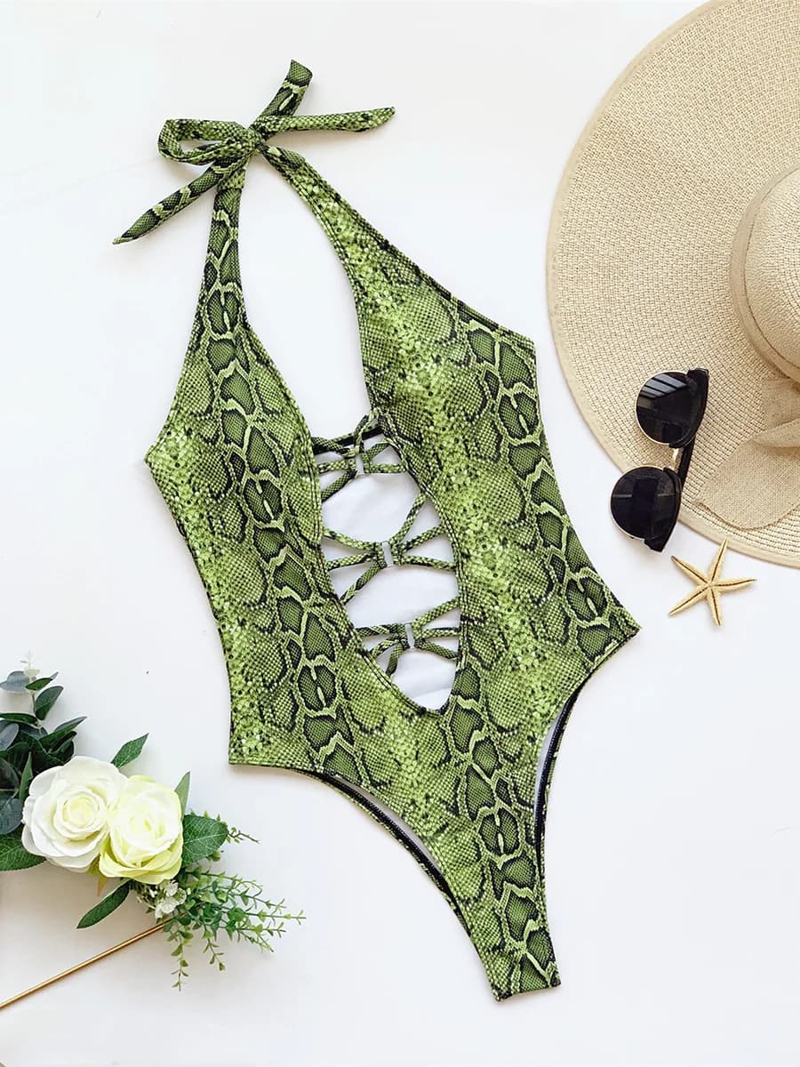Costume da bagno intero da donna con scollo a V profondo in pelle di serpente, costume da bagno intero da donna, costume da bagno monokini con taglio alto