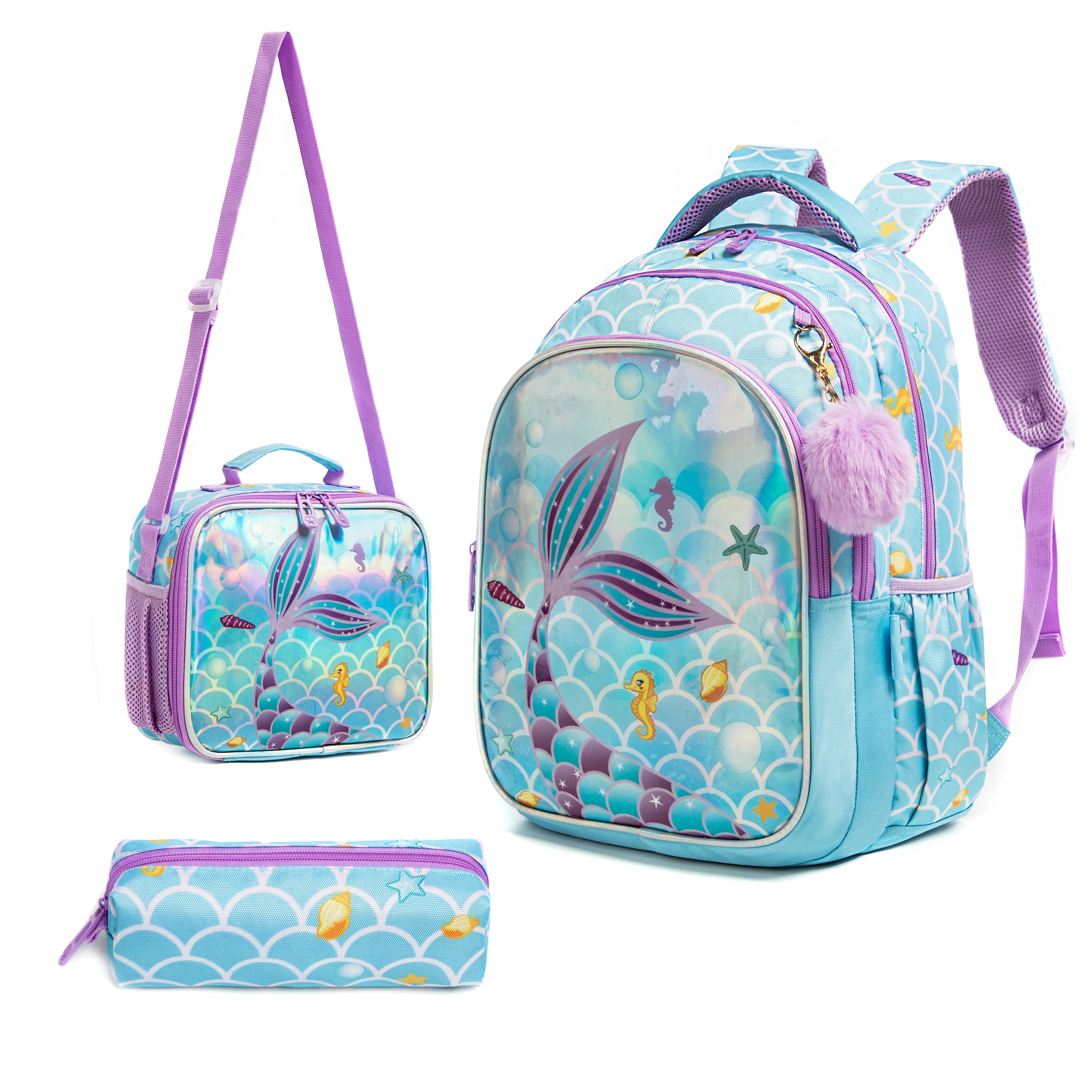 Meetbelify Simpatici zaini a forma di sirena blu per ragazze, studenti della scuola materna elementare con borsa per il pranzo e borsa per la penna