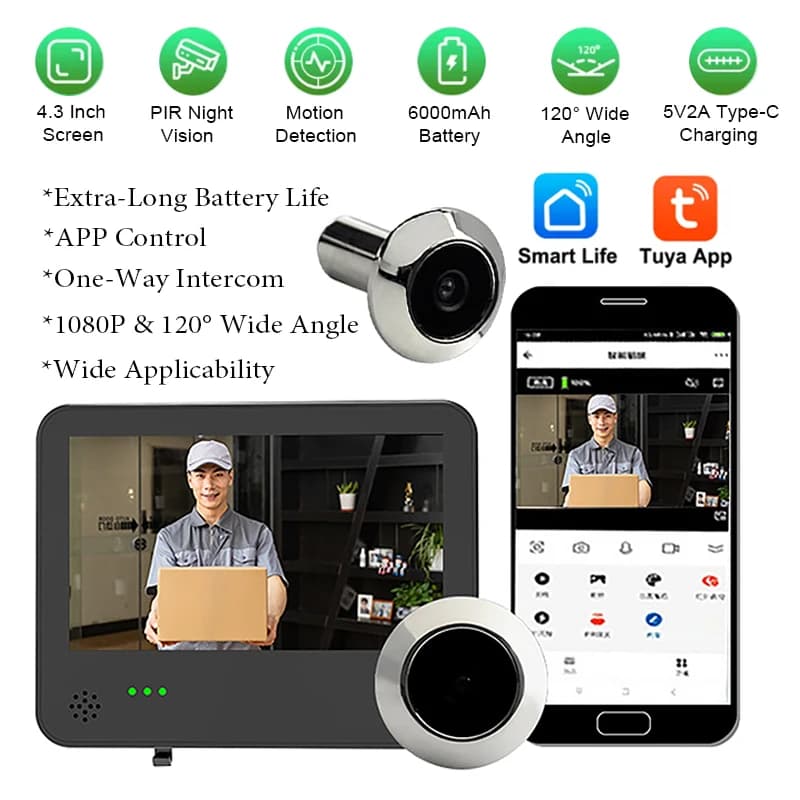Campanello Video WIFI Intelligente Tuya con Schermo da 4,3 Pollici 120 ° Campanello Digitale con Visione Notturna Grandangolare e Rilevamento Movimento PIR
