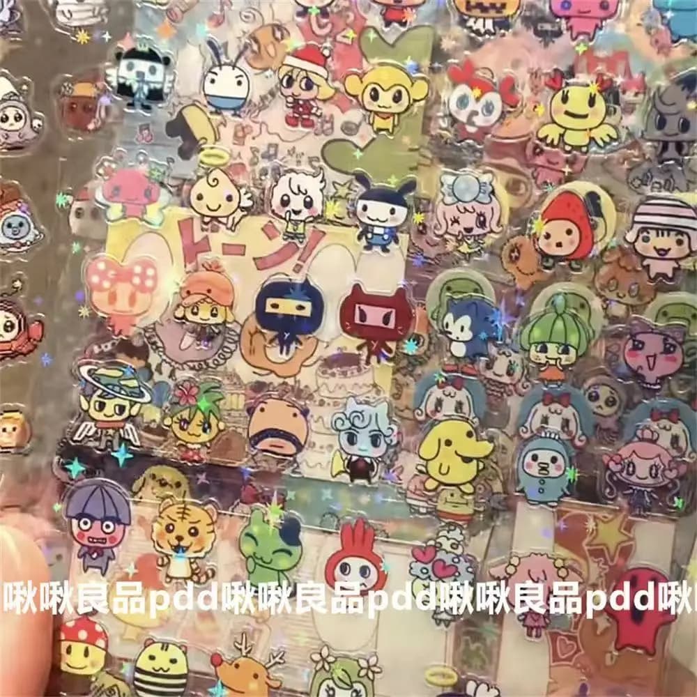 Adesivi trasparenti doppi effetto pixel stile cartone animato retrò Tamagotchi, graziosi adesivi olografici in pellicola fustellata, adesivi per agenda in stile Y2K