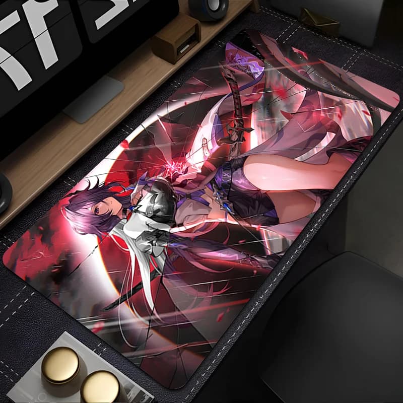 Gaming Mouse Pad, Anti-slip, Stitched Edges, Red Purple Anime Girl with Sword Print, Keyboard Pad for Gamer Home Office Desk