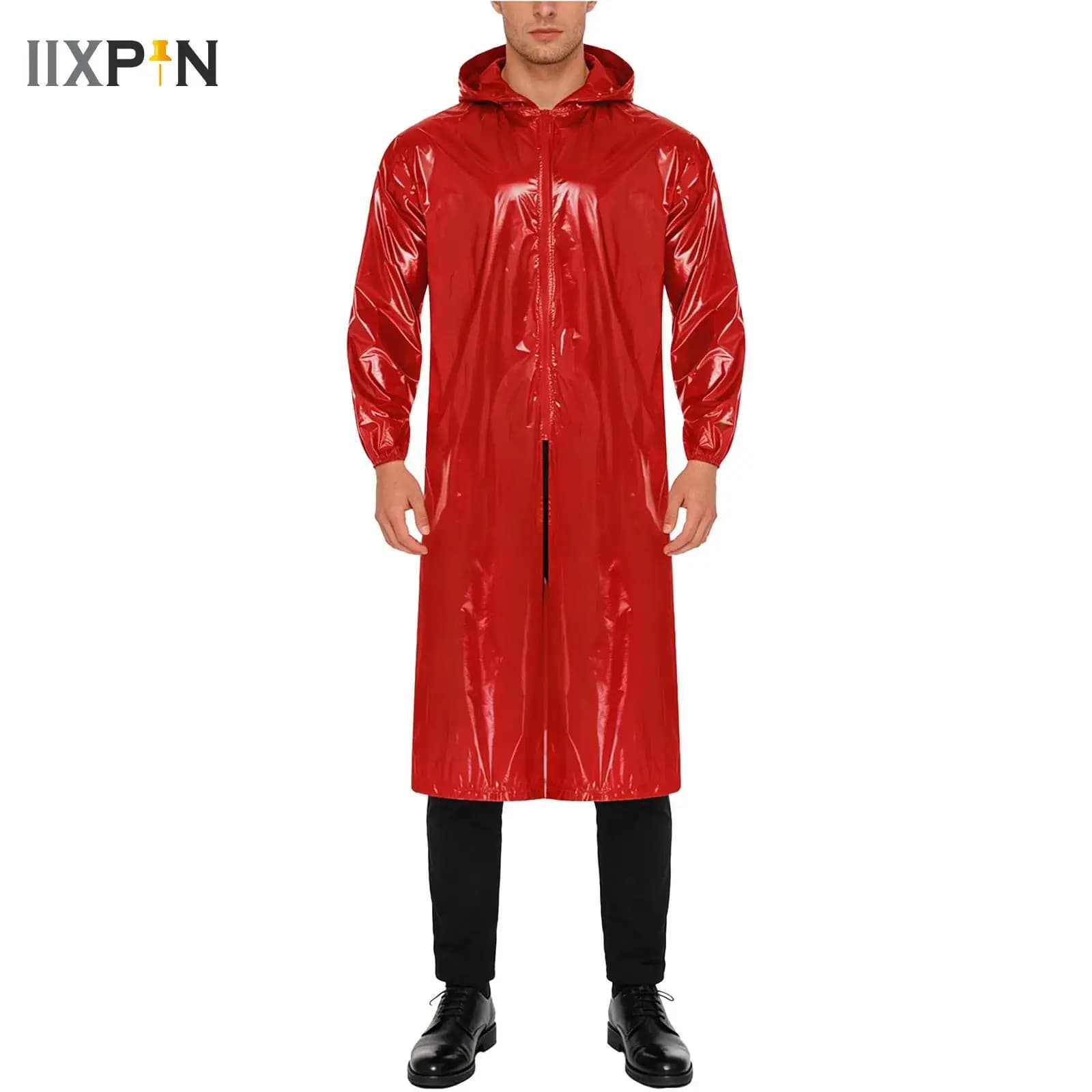 Mens Waterproof Hooded Long Jacket Long Sleeve Front Zipper Lightweight Raincoat Workwear Poncho for Hiking Rainy Day Work