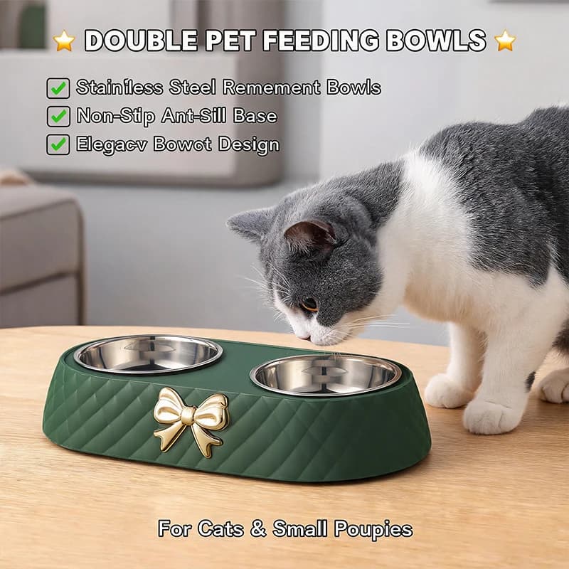 Luxury Bow-Knot Pet Double Bowl Detachable Stainless Steel Food & Water Feeder with Anti-Slip PP Base for Cats And Dogs