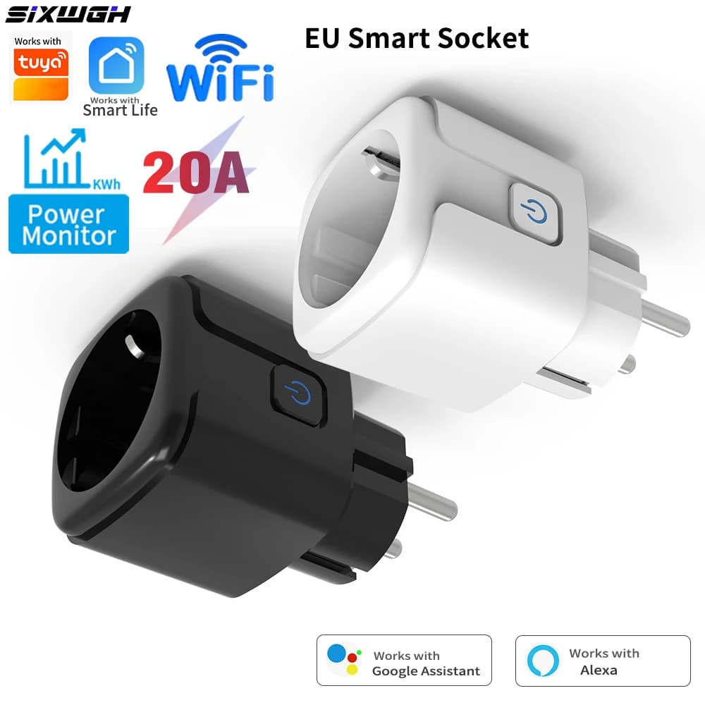 Smart WiFi Tuya 20A socket with energy monitoring, EU socket, programmable timer, compatible with Smart Life app, voice control Alexa and Google.