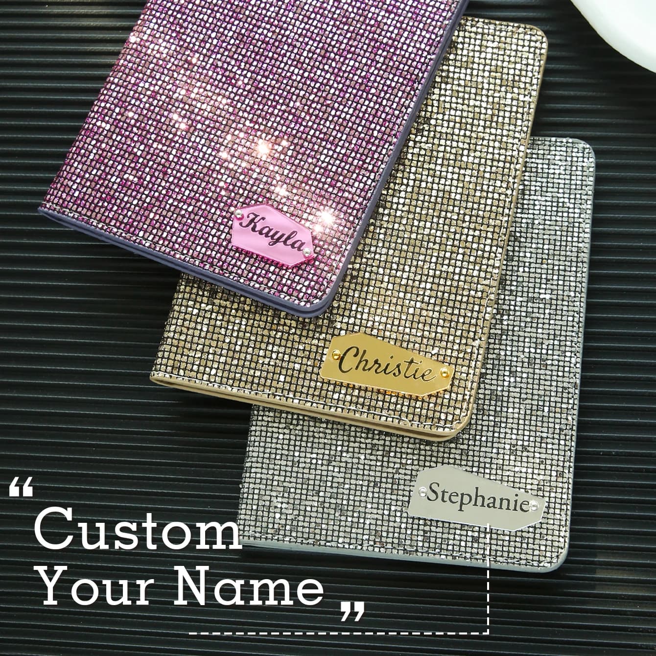 Porta passaporto con nome personalizzato da 1 pezzo con paillettes a sfera da discoteca Porta passaporto unico personalizzato con etichetta con nome a specchio lucido