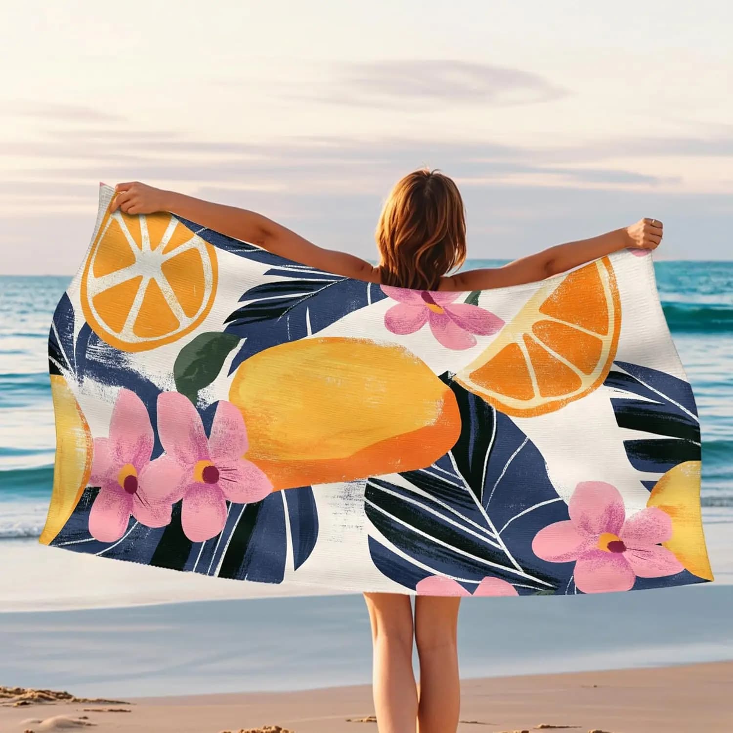 1 pezzo di asciugamano da spiaggia con frutta tropicale, in microfibra floreale gialla con agrumi, ad asciugatura rapida, assorbente, senza sabbia, morbido e leggero, coperta da viaggio