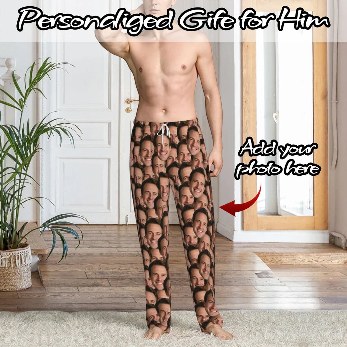 Personalized Facial Photo Customized Sleeping Pants Long Sleeved Warm Pajamas for Men And Women Fun Christmas Gift