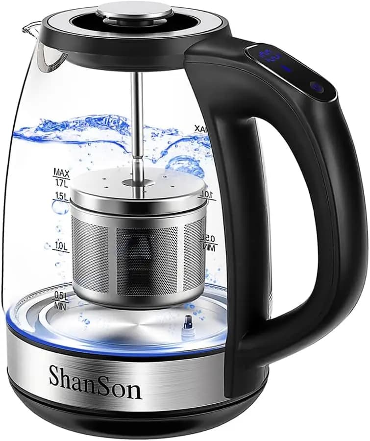 1.7 liters glass electric kettle with tea infusion, temperature control, 1500 W fast heating, without BPA, automatic shutdown and protection against dry boiling