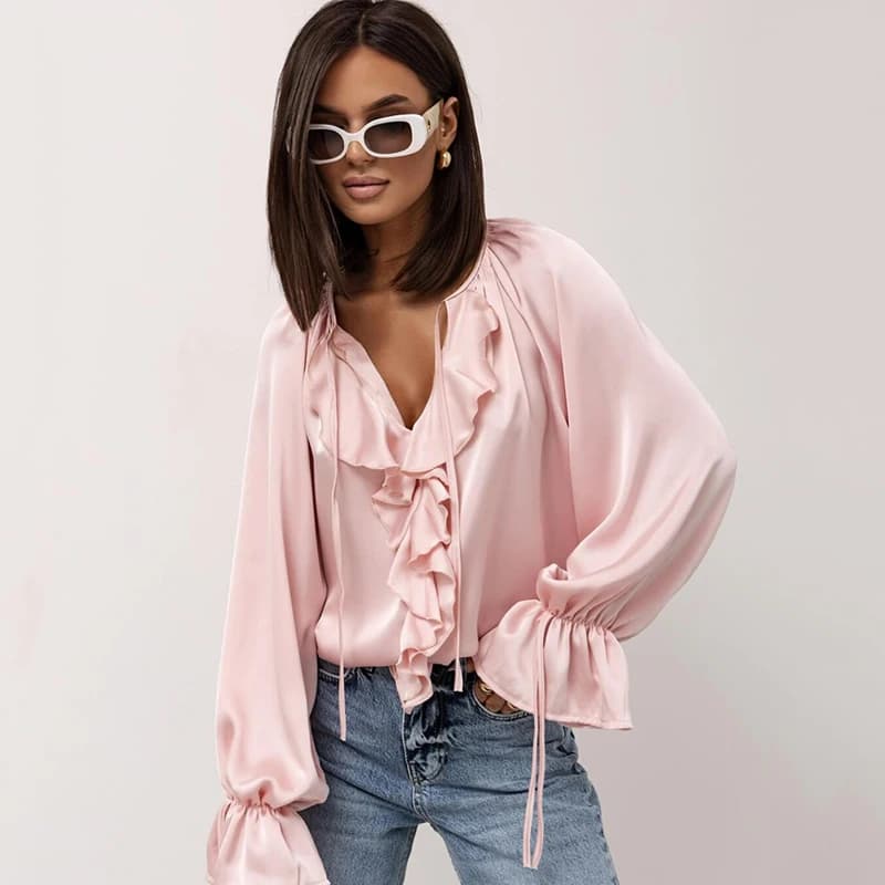 Spring Summer Fashion Loose Blouses for Women Elegant Casual Solid Color O Neck Lace Up Flared Sleeves Splicing Ruffle Blouses