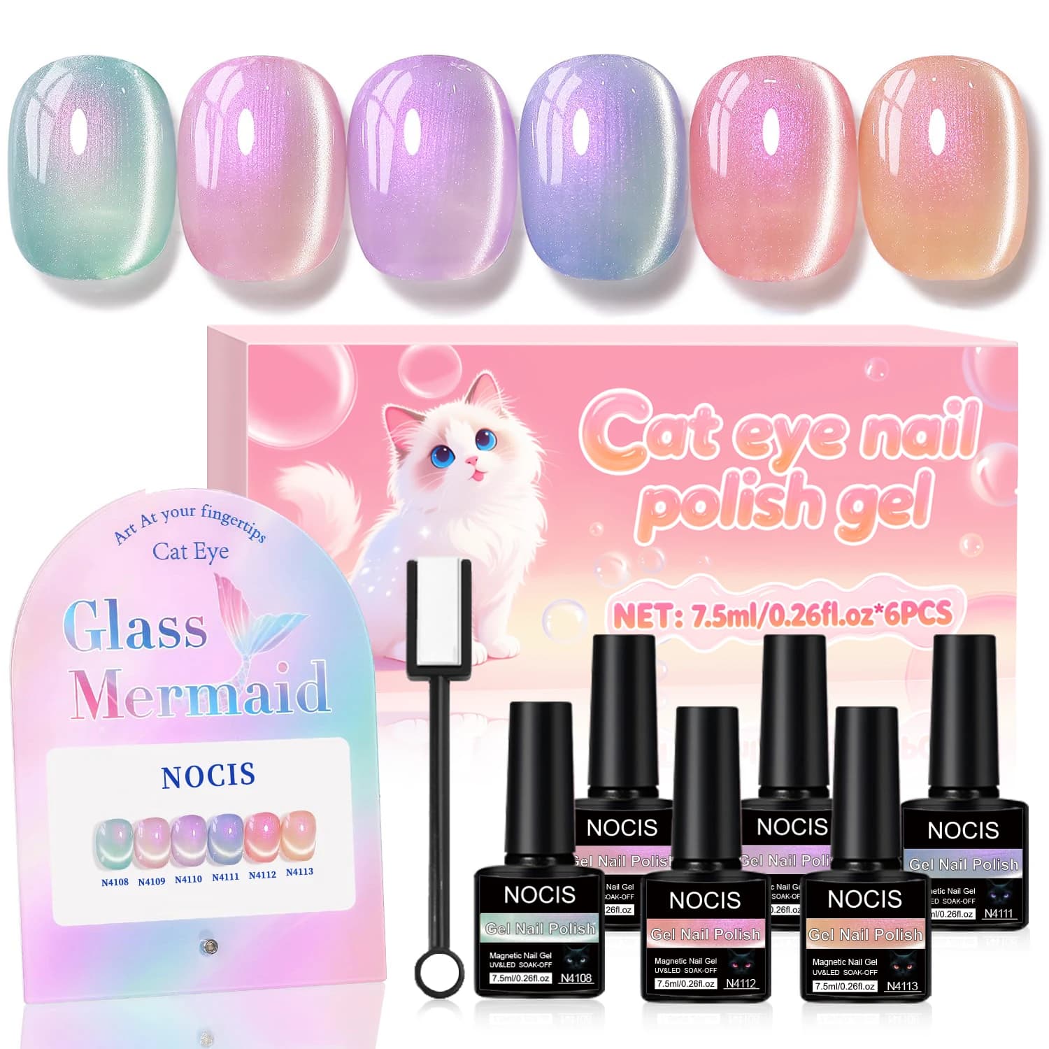 NOCIS Set di 6 Smalti Gel Effetto Occhio di Gatto, Stesso Colore Stessa Bottiglia 0.26oz, Glitter Scintillante con Magnete Olografico Riflettente