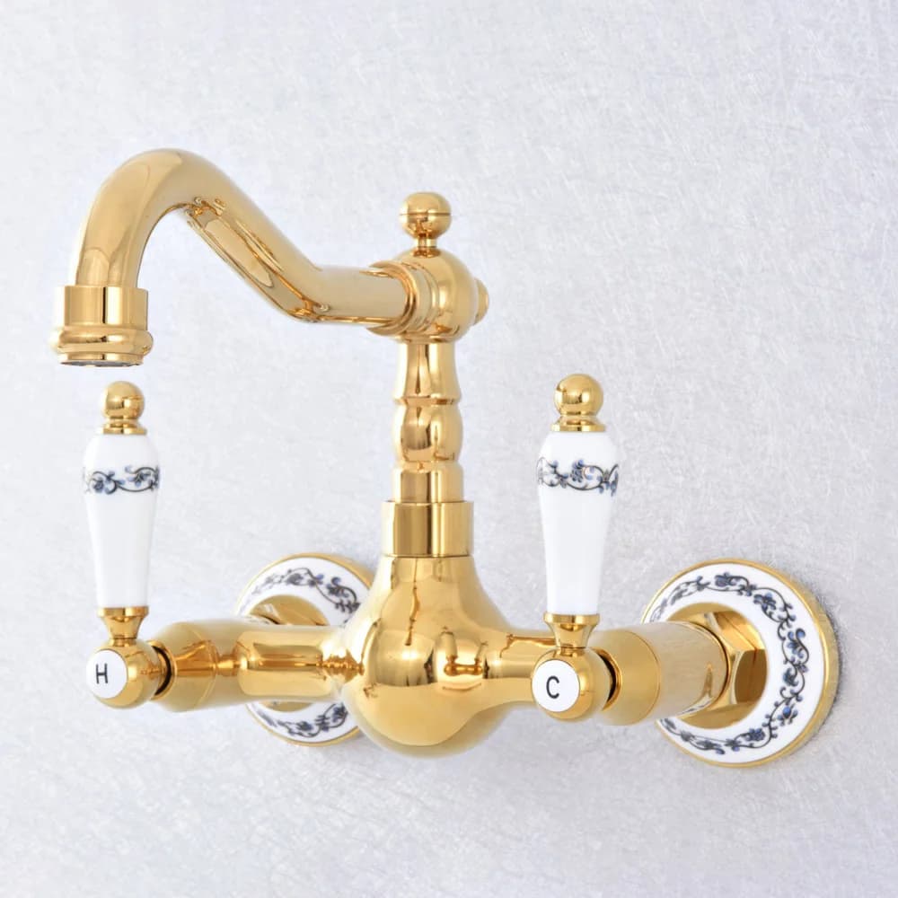 Kitchen Faucet Gold Polished Brass Wall Mounted Dual Handle Faucet Hot and Cold Bathroom Faucet Basin Mixer Swivel tub Faucet