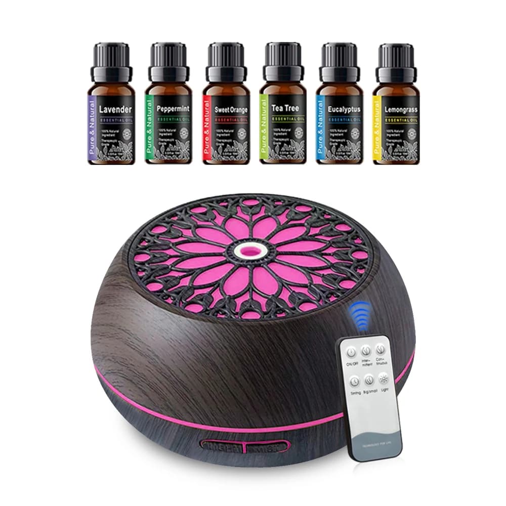 Aromatherapy diffuser with 550 ml pink floral cold fog humidifier with 6x10 ml oils, Soundwave technology, remote control, powered via USB