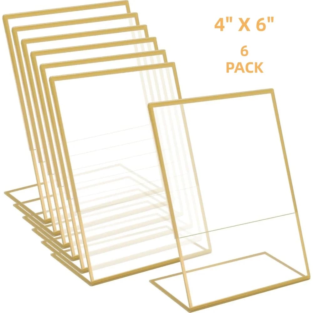 6-Pack 4x6 Gold Picture Frames Clear Frameless Acrylic Self-Standing Photo Frames for Wedding Table Numbers Restaurant Signs Art