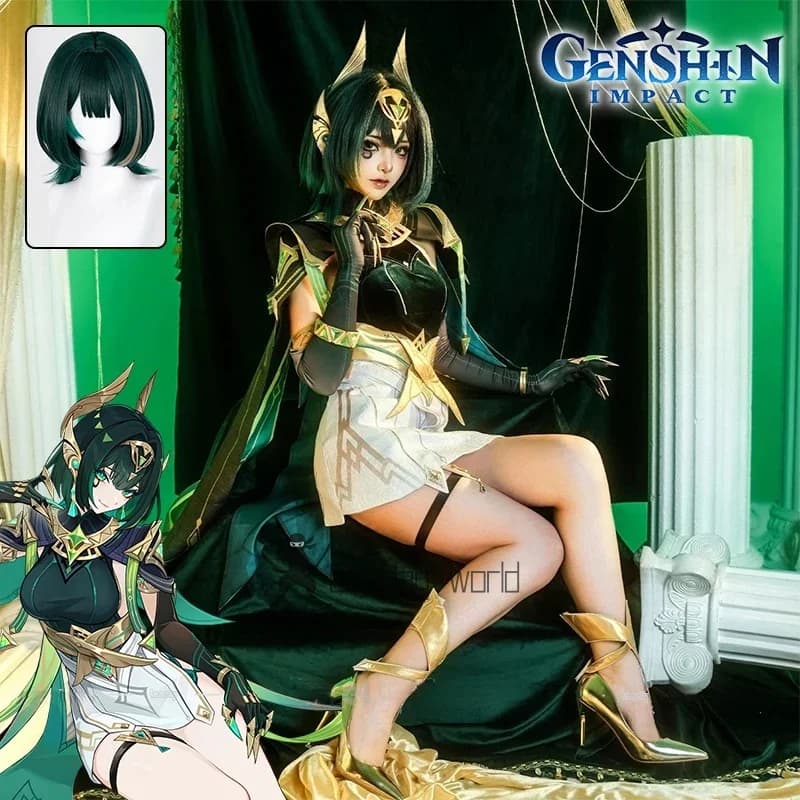 Genshin Impact Nefer Costume Cosplay Parrucca Verde Bianco Abito Gonna Copricapo Voynich Guild Nod-Krai Festa di Halloween Per Le Donne Gilrs