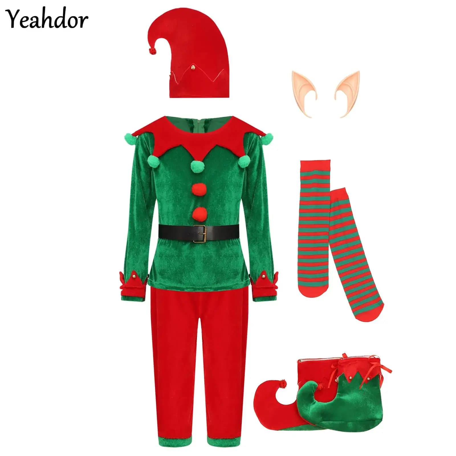 Ragazzi Natale Costume da Babbo Natale Capodanno Abito da elfo verde con camicia Pantaloni Cappello Orecchie da elfo Cintura Calze Halloween Fancy Dress Up