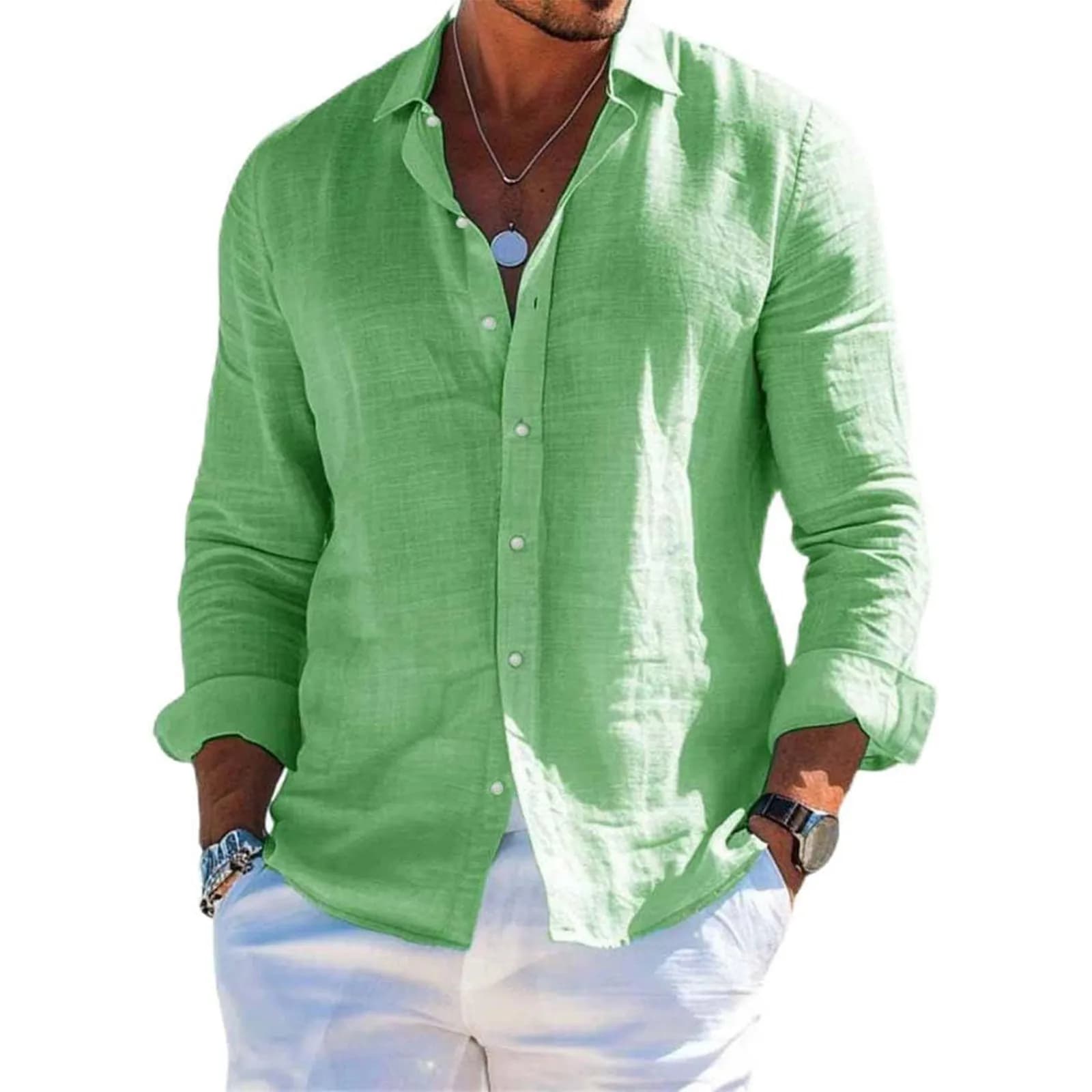Top da uomo manica lunga camicia nuovo stile cotone lino fresco tinta unita risvolto allentato cardigan stile spiaggia casual primavera ed estate