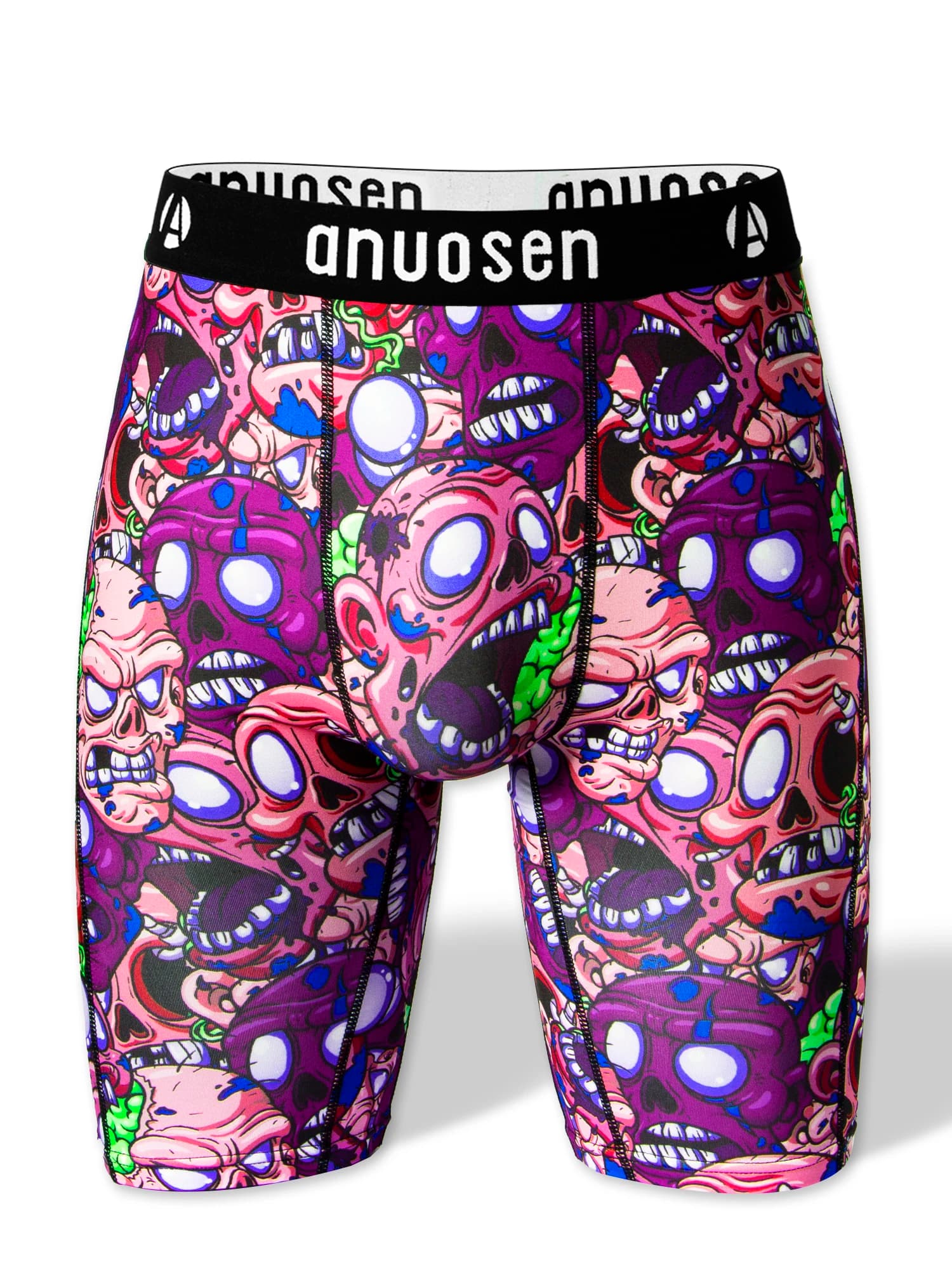 Intimo sportivo lungo da uomo con etichettatura e stampa standardizzate, boxer sportivi da uomo traspiranti per le vacanze estive, boxer da uomo alla moda con stampa teschio zombie, boxer sportivi personalizzati stile street, boxer da uomo con stampa teschio zombie creativa, boxer da uomo con stampa all-over trendy, boxer a vita media ad alta elasticità e traspiranti, intimo a lunghezza estesa, anti-sfregamento durante l'esercizio fisico, intimo da uomo traspirante ed elastico, comodo e casual, intimo sportivo stile graffiti divertente.