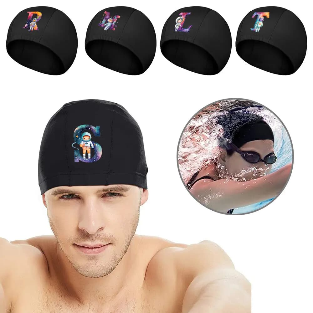 Unisex Swimwear with Motive Astronaut and Initial, Ear Protection, Elastic Headphone for Pool