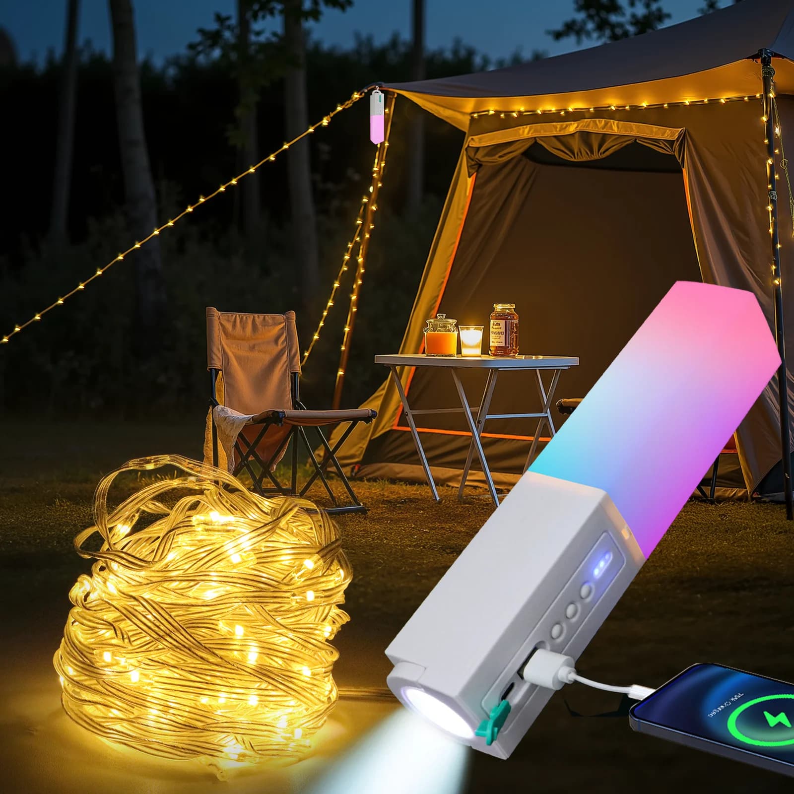 Luci a stringa da campeggio ricaricabili 4-in-1 migliorate con gancio, per caricabatterie telefono, torcia USB portatile, bastone luminoso per concerti