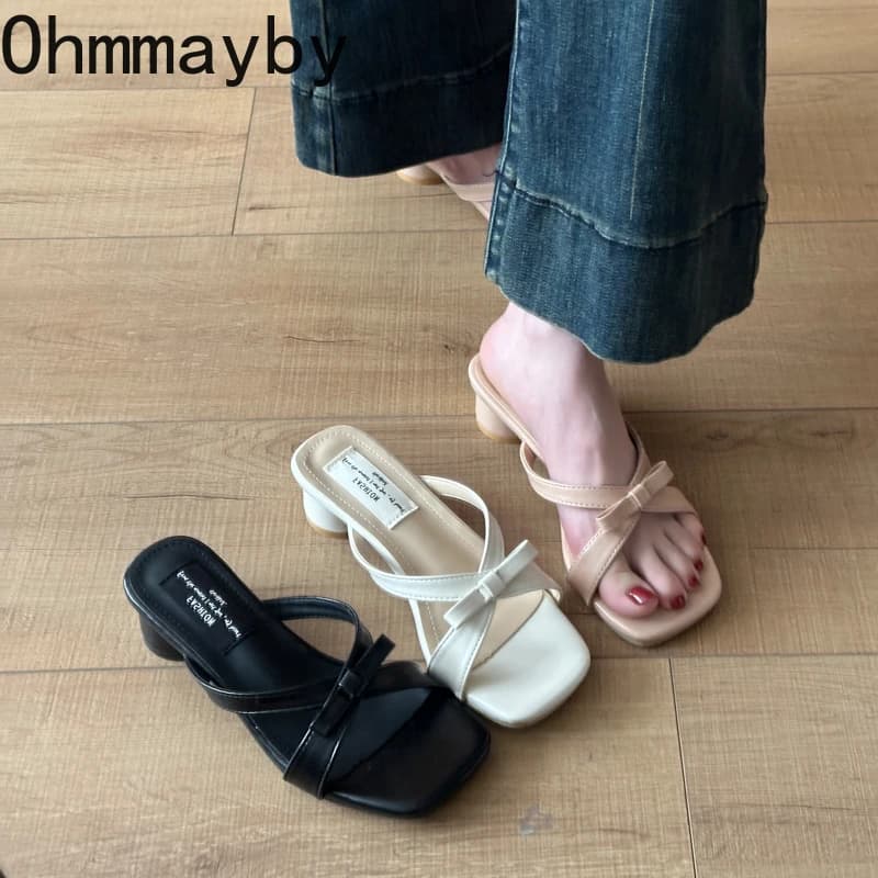 Sandali con tacco basso e nodo a farfalla da donna, estivi, con punta quadrata, casual, slip-on, alla moda, per l'uso quotidiano all'aperto e per le vacanze.