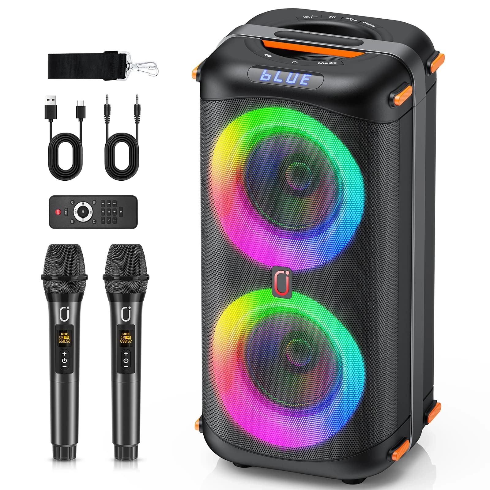 Altoparlante Bluetooth wireless T27, macchina per karaoke con 2 microfoni, altoparlante per feste karaoke domestico con luce a LED