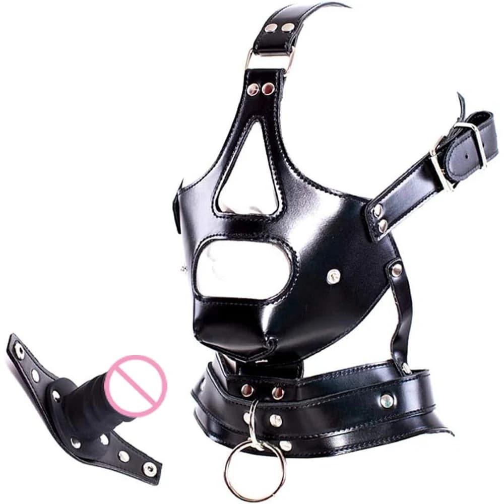 Figa bondage in pelle con dildo in silicone staccabile Bocca bavaglio Imbracatura per la testa regolabile BDSM Fetish Dog Slave Restrizioni femminili