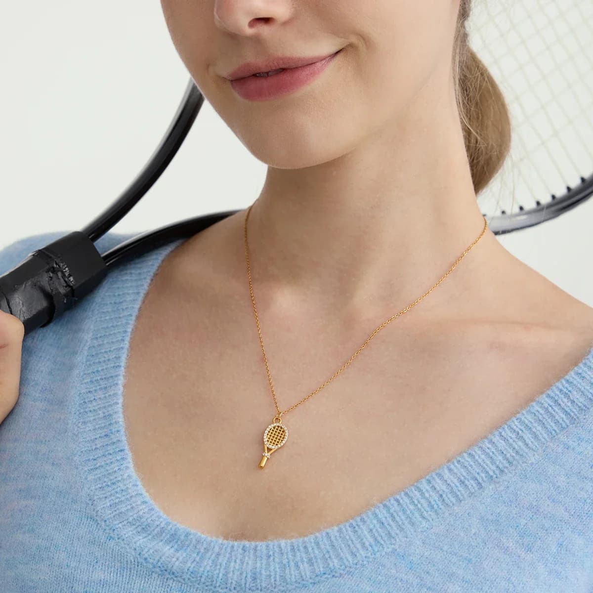 Zora Classic Trendy White Zircon Tennis Racket Pendant Necklace 18K Gold Color Plated Stainless Steel Women's Jewelry Party Gift