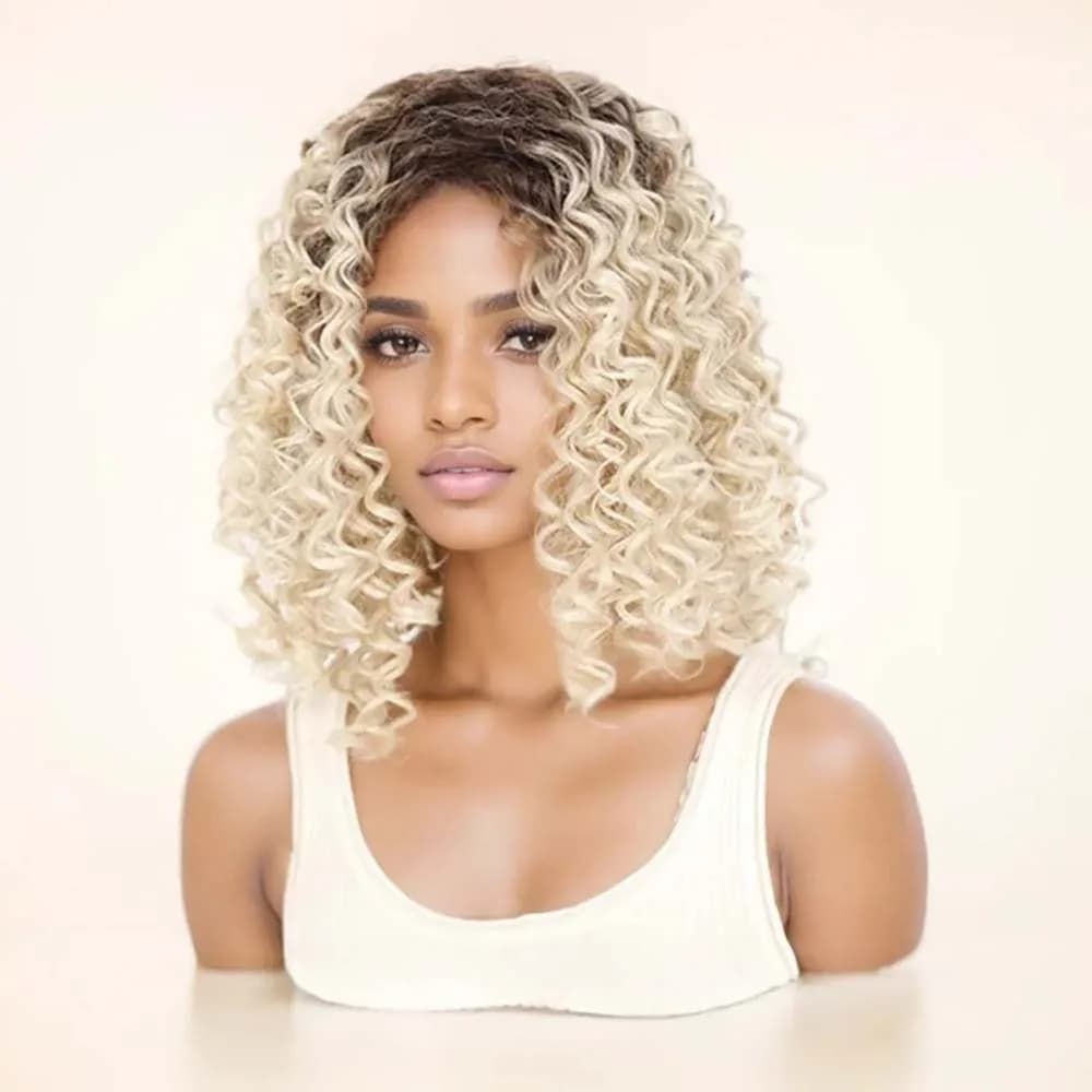 jeedou Wigs Short Curly Hair for Women | Deep Dark Brown & Blond Mix Color Synthetic Wig Fluffy Hairstyle