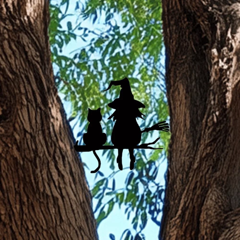 1 pezzo di silhouette in ferro, simpatico palo da giardino per streghe e gatti, decorazione stravagante per esterni per cortile, prato, palo per albero di Halloween con rustico