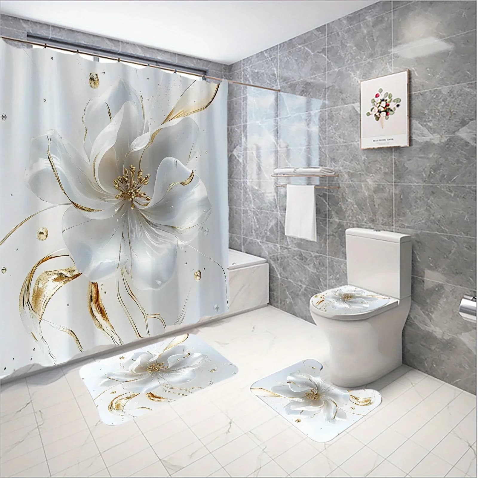 Elegant Lily Bathroom Set: Shower Curtain, Mat, Towel, Toilet Cover - 4Pcs Waterproof Decor for a Luxurious Bath Time
