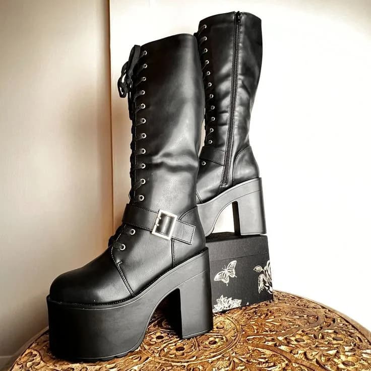 Women Violets Block High Heel Buckle Decor Zip Boots Luxury Knee High Round Toe Spring Boots Lady Fashion Shoes Zapatillas Mujer