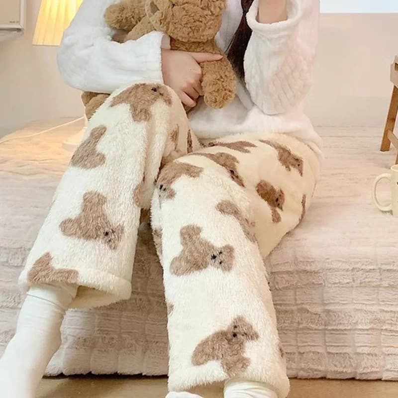 Orso del fumetto Teddy Pigiama Pantaloni Soffici Donne Inverno Caldo di Spessore Pantaloni Da Notte Pigiama Pantaloni Di Natale Kawaii Flanella Homewear