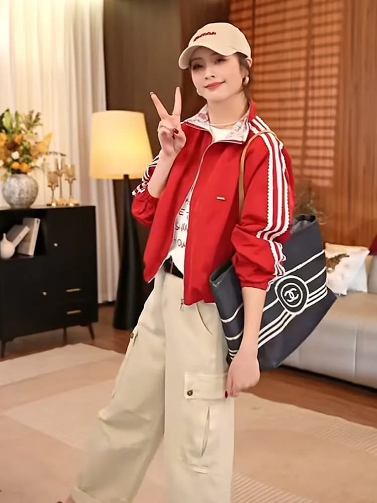 Giacca Corta Snellente da Donna in Stile Coreano con Patchwork, Colletto Rialzato e Motivo a Righe per la Primavera - Capo Versatile