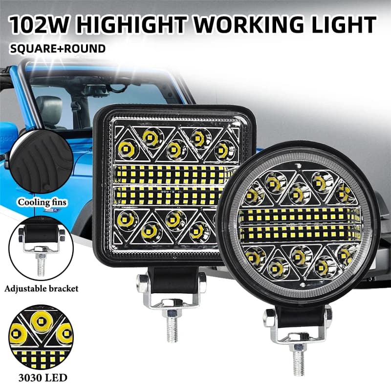 2 pz Auto Quadrato Rotondo Led Luce Da Lavoro 102 w Ad Alta Potenza Barra Luminosa Faretto Stroboscopico Flash OffRoad Camion Barca 4x4 Atv Suv lampada di guida