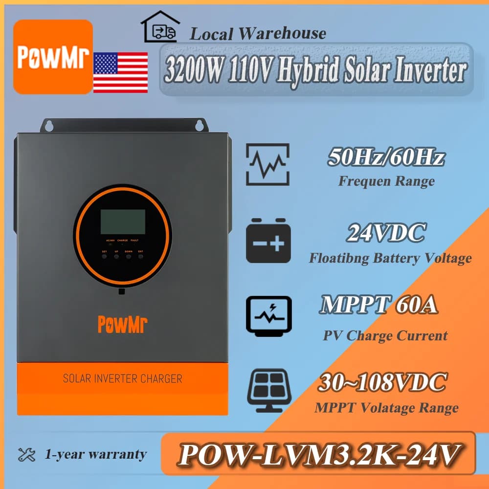 Inverter solare ibrido PowMr 24V 110V 3200W con regolatore di carica MPPT 60A, ingresso solare massimo 108Vdc, inverter solari ibridi per uso domestico