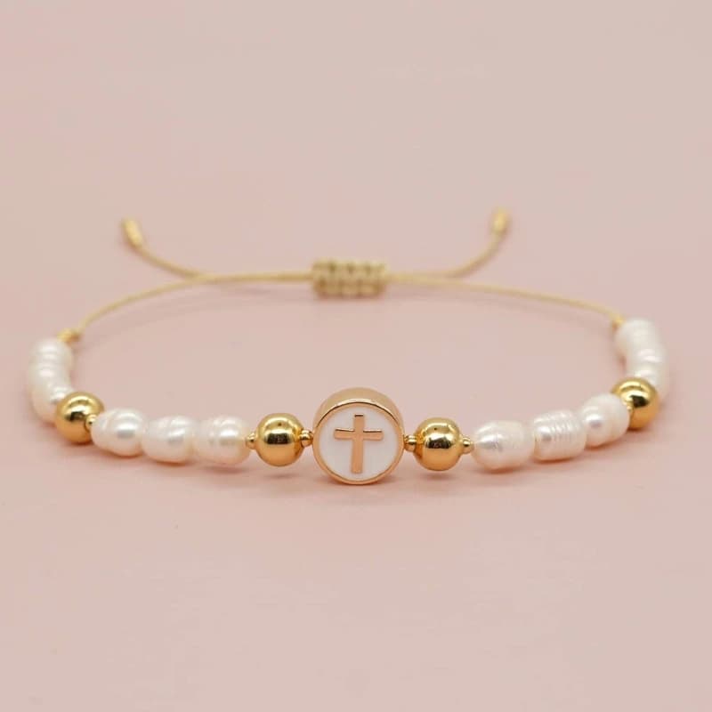 Bracciale estraibile con croce a forma di perla imitazione temperamento alla moda ed elegante, gioielli per accessori per le vacanze quotidiane da donna
