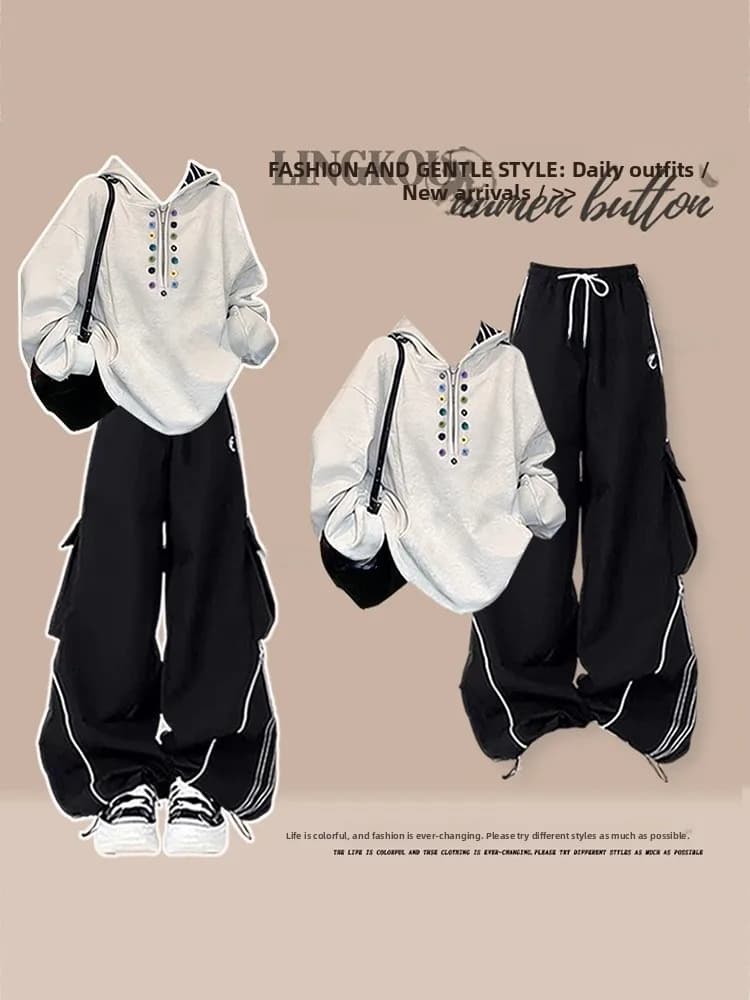 Chic Spring Autumn Light Maturity Style Women's Set Hoodie Wide Leg Slimming Workwear Pants Two Piece Set High Waist Long Sleeve