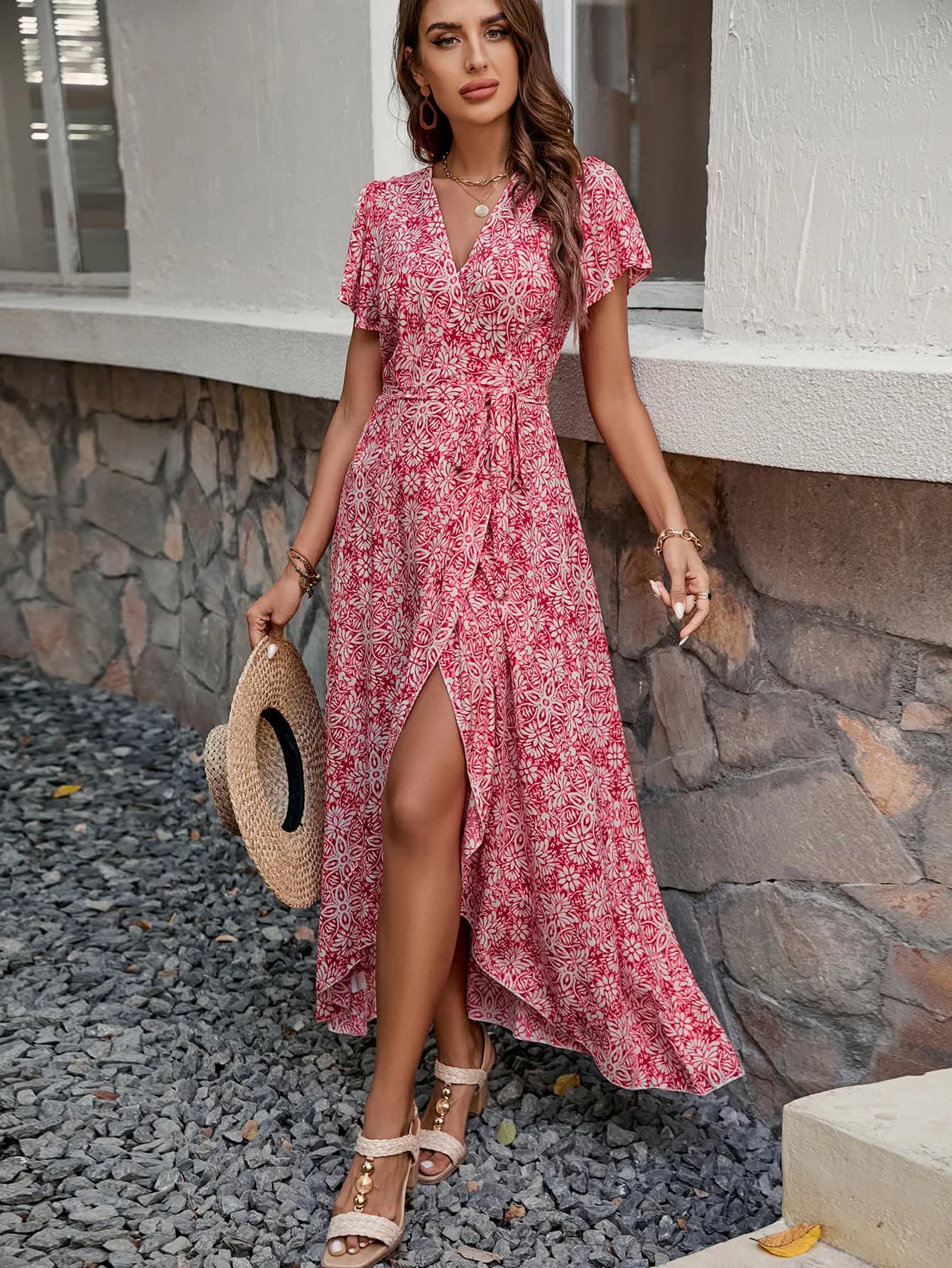 Primavera Autunno Donna Nuovo One Piece Cintura in vita Gonna da spiaggia Vacanza al mare Sexy scollo a V Grande altalena Abito irregolare